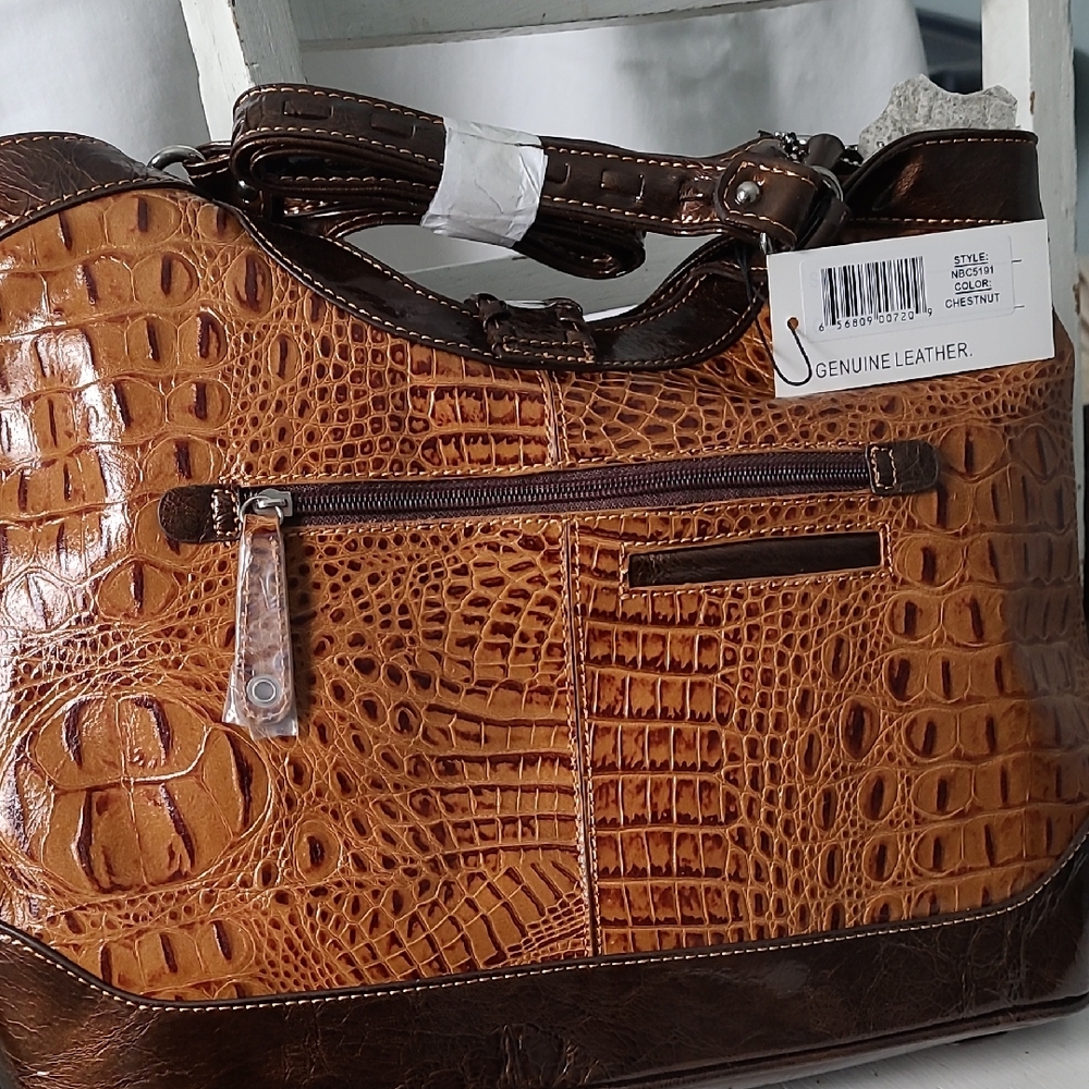 Brown Crocodile Embossed Leather Handbag